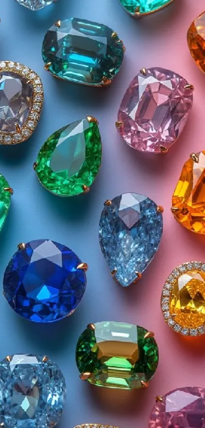 Vibrant gemstone wallpaper featuring colorful jewels on a blue and pink background.