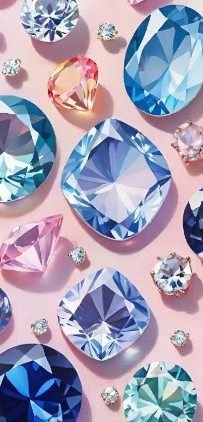 Vibrant gemstones in various colors on a pink background.