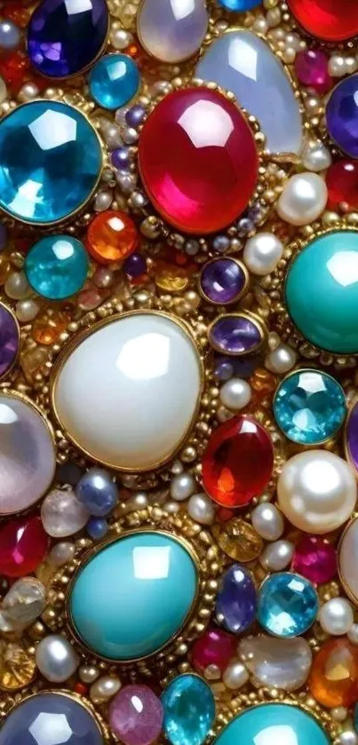 A vibrant wallpaper featuring colorful gemstones and pearls.