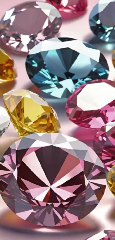 Colorful gemstones scattered on a reflective surface.