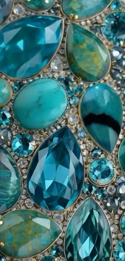 Turquoise and blue gemstone pattern wallpaper.