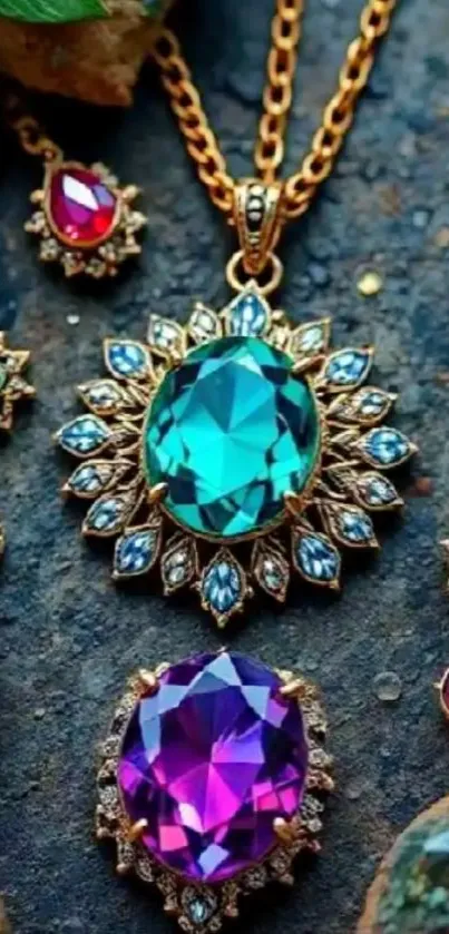 Vibrant gemstone jewelry with intricate designs on display.