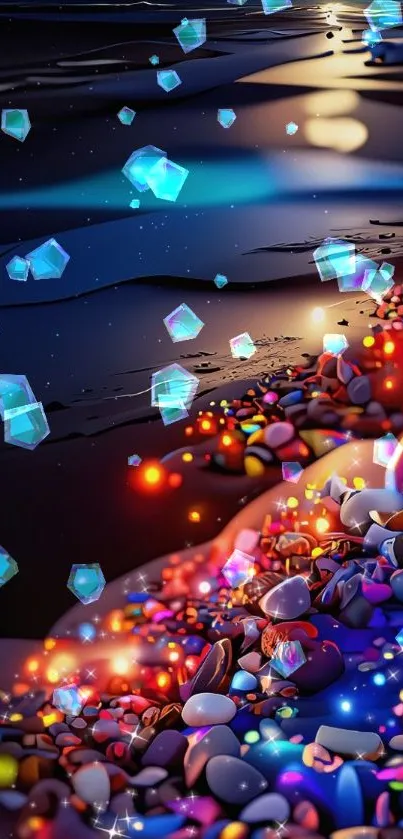 Colorful gemstones on a shimmering night background with vibrant hues.