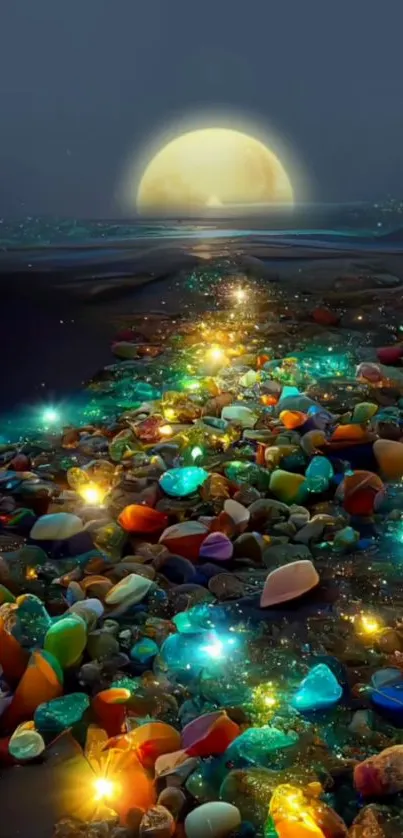 A vibrant path of gemstones under a glowing moonlit sky on a mobile wallpaper.