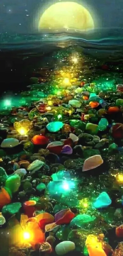 Colorful gemstones under moonlight with glowing lights on a dark cyan pathway.