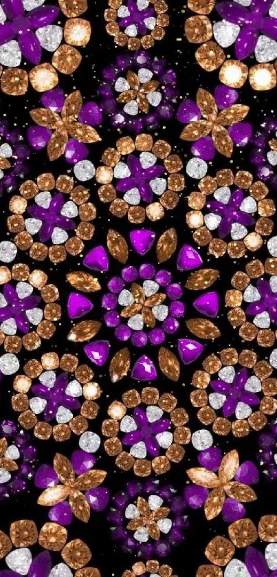 Intricate gemstone pattern wallpaper with vibrant purple, amber, and silver colors.