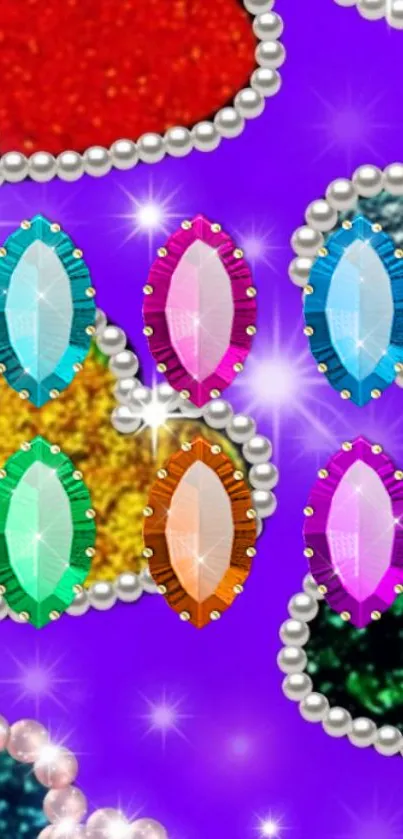 Mobile wallpaper with colorful gemstones and a vibrant purple background.