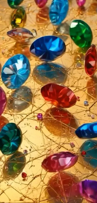 Colorful gemstones on a golden background.