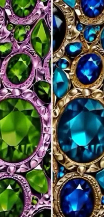 Mobile wallpaper with vibrant green and blue gemstones in intricate metal design.