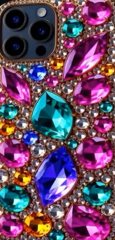 Colorful gemstone bedazzled phone case.