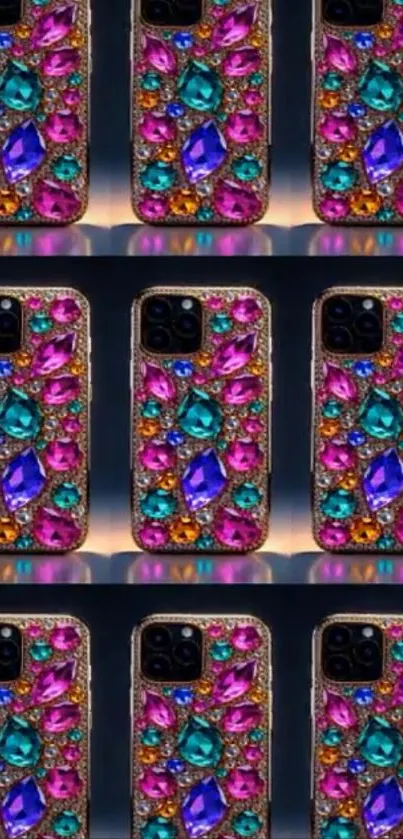 Gemstone-encrusted phone cases in vibrant colors.