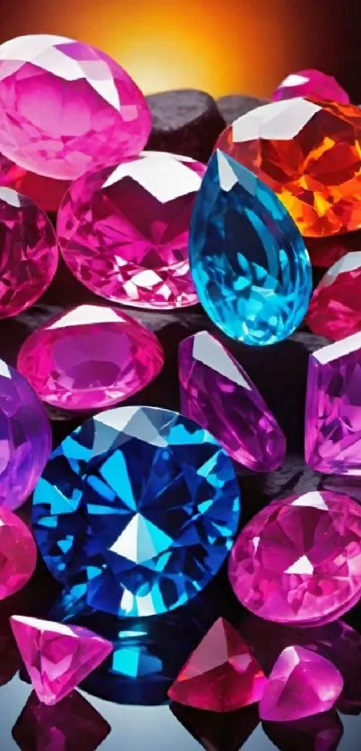 Colorful gemstones wallpaper with prominent blue and pink jewels.