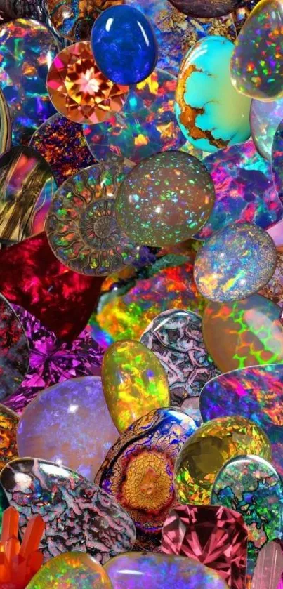 Colorful and vibrant gemstone collage wallpaper featuring opals and crystals.
