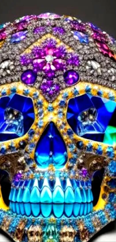 Vibrant gemstone skull with blue accents.