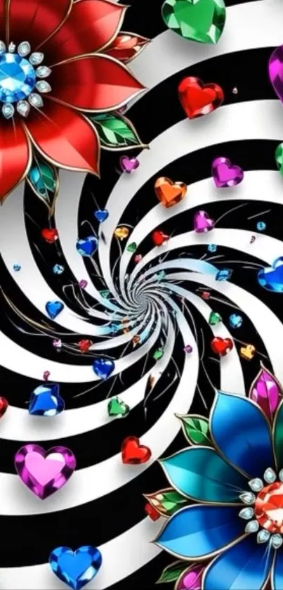Vibrant gemstone and floral spiral mobile wallpaper.
