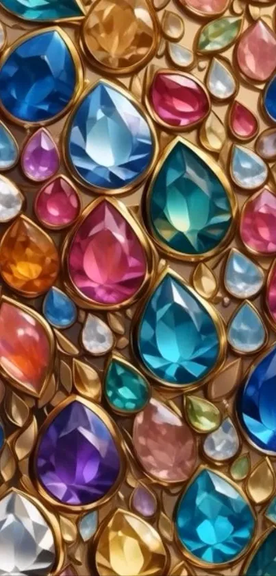 Vibrant gemstone teardrop pattern wallpaper featuring colorful jewels.