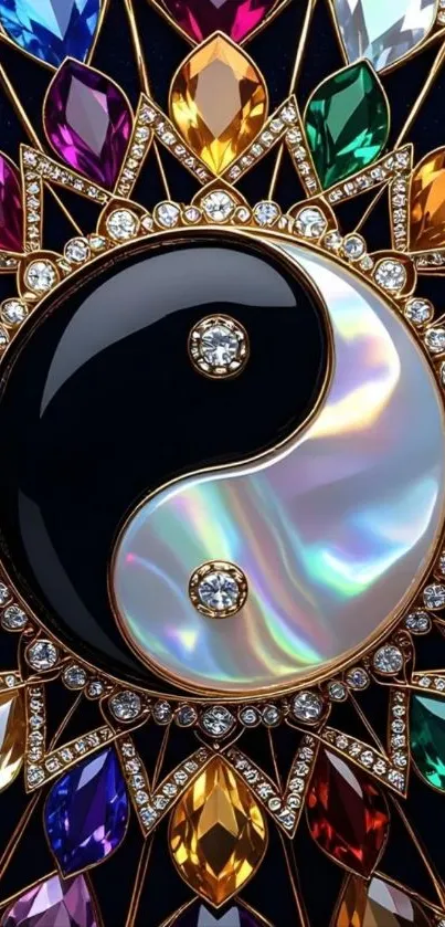 Vibrant gemstone Yin Yang mobile wallpaper with colorful jewels.