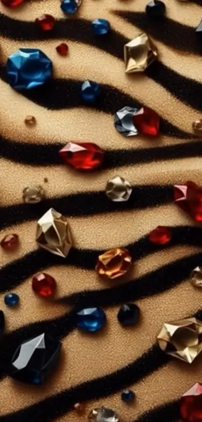 Vibrant wallpaper with gemstones and zebra stripes.