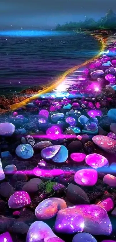 Glowing gemstones on a serene purple beach background.