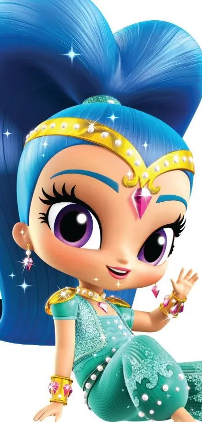 Vibrant cartoon genie with blue hair and outfit.