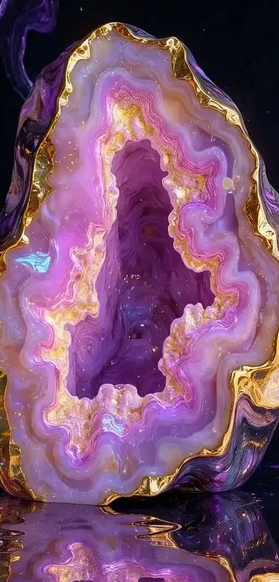 A vibrant purple and gold geode design with reflective surface.