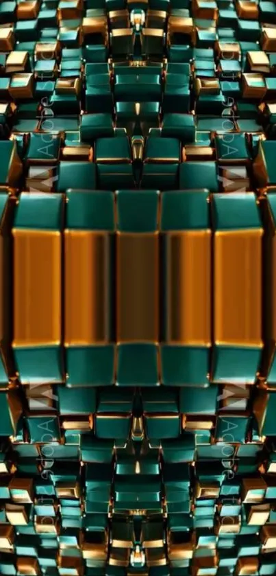 3D geometric wallpaper with gold and teal cubes.