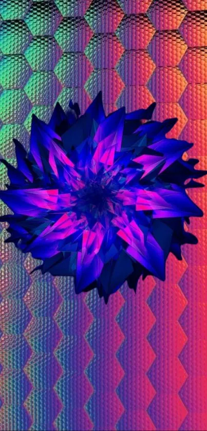 Vibrant 3D flower on a colorful geometric background.