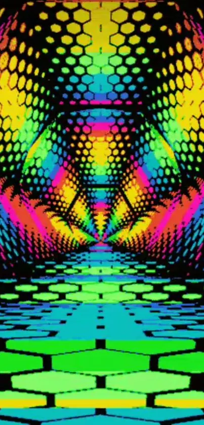 Vibrant geometric abstract art with colorful hexagons and tunnel effect.