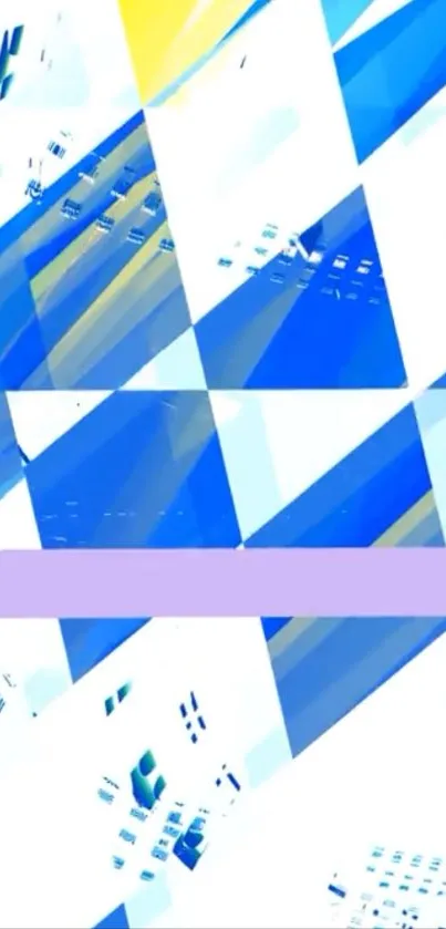 Vibrant geometric abstract wallpaper with blue and yellow triangles.