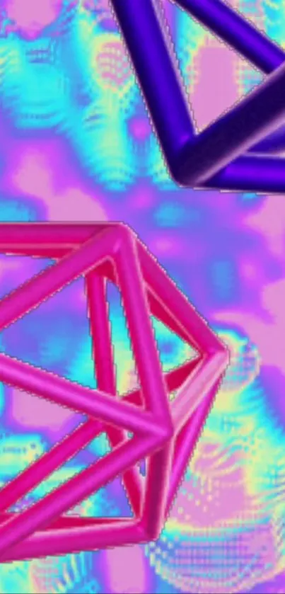 Vibrant geometric 3D abstract wallpaper with neon colors.
