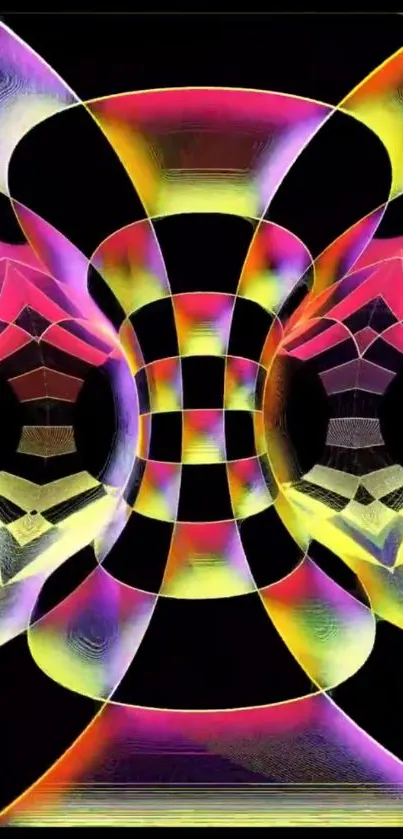 Vibrant geometric abstract art with colorful patterns on black background.