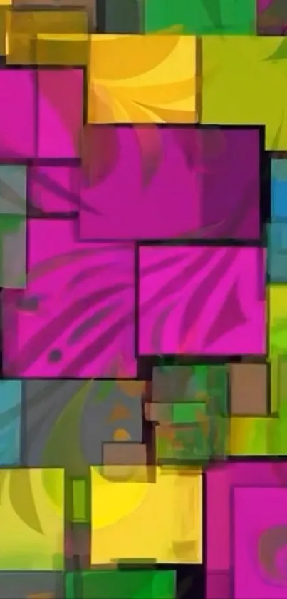 Vibrant geometric abstract wallpaper with colorful squares and bold patterns.