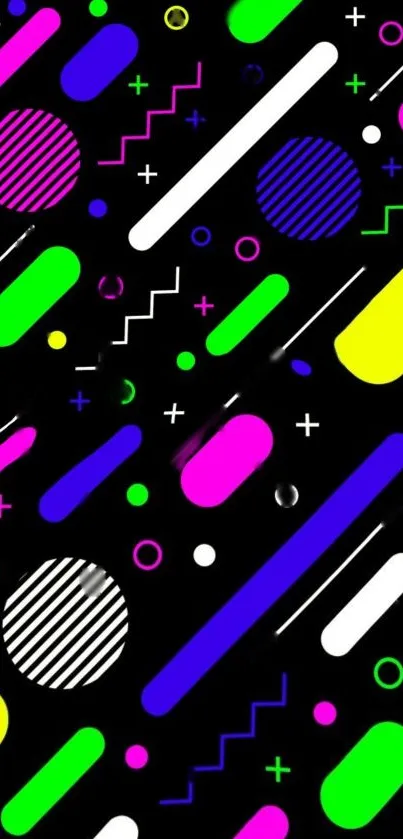 Vibrant geometric wallpaper with neon shapes on dark background.