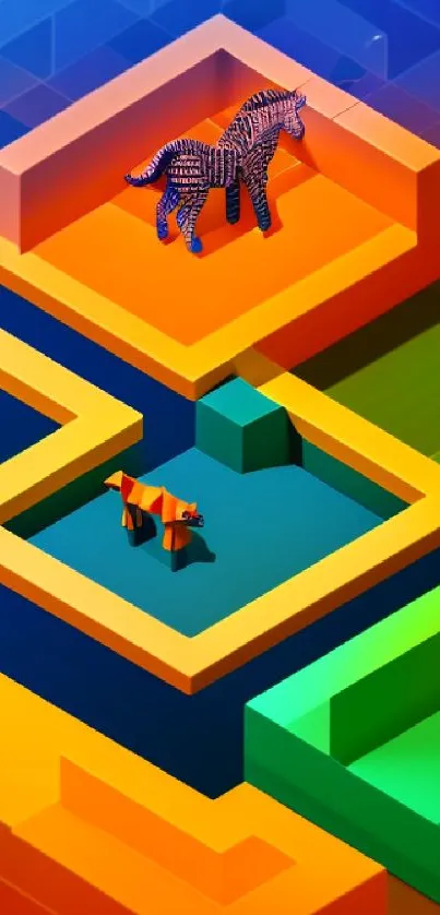 Geometric zebra and tiger in vibrant 3D blocks art wallpaper.