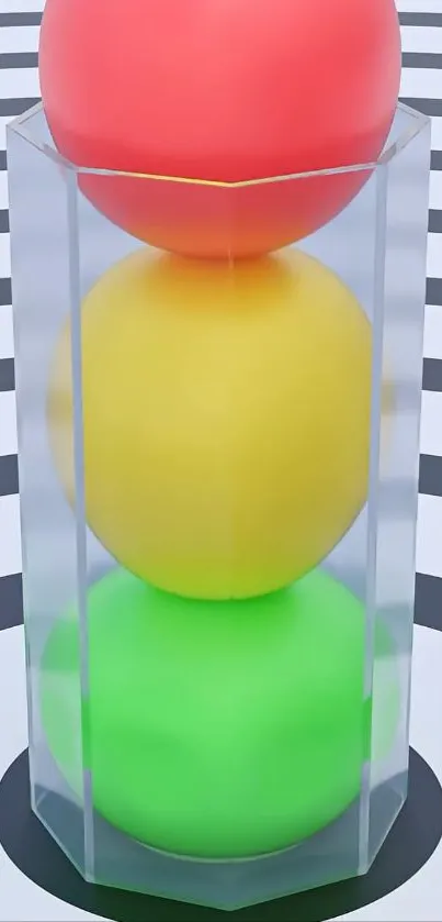 Colorful spheres inside a glass cylinder with a striped pattern backdrop.