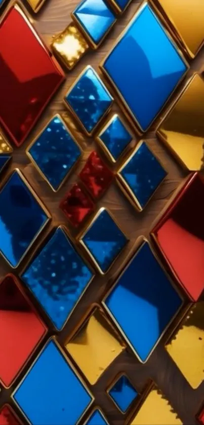 Vibrant geometric pattern in red, blue, and gold colors.