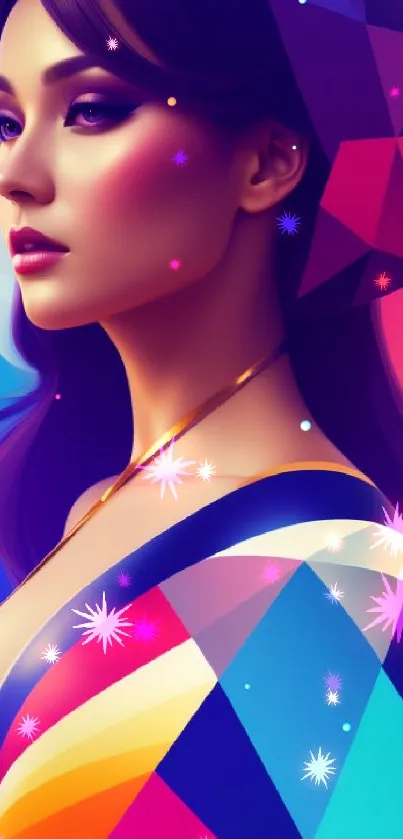 Stylish woman in a vibrant, colorful geometric pattern wallpaper.