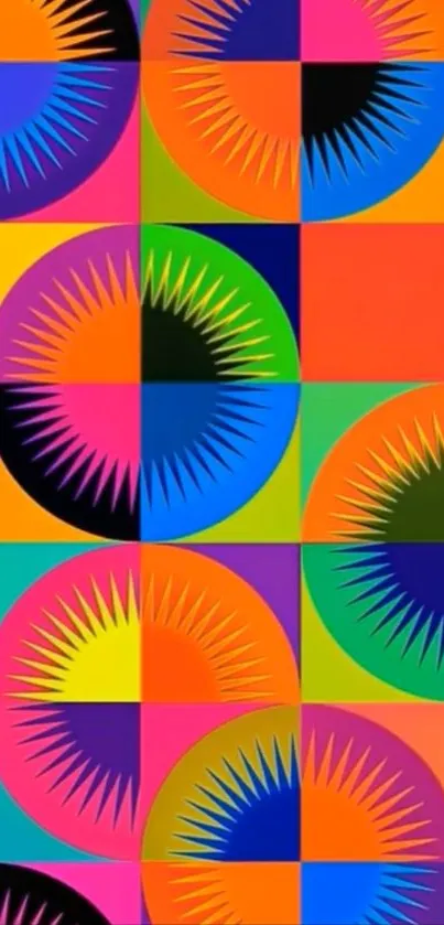 Vibrant geometric art wallpaper with dynamic patterns and bold colors.