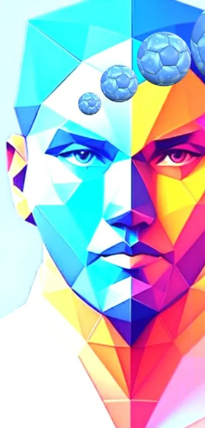 Vibrant geometric face art with dynamic colors and futuristic design.