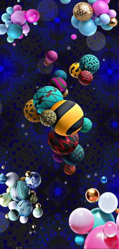 Vibrant geometric art wallpaper with colorful spheres on blue background.