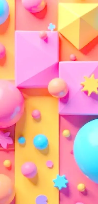 Colorful geometric mobile wallpaper with spheres and cubes.