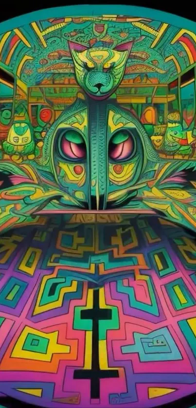Vibrant geometric art wallpaper with colorful patterns.