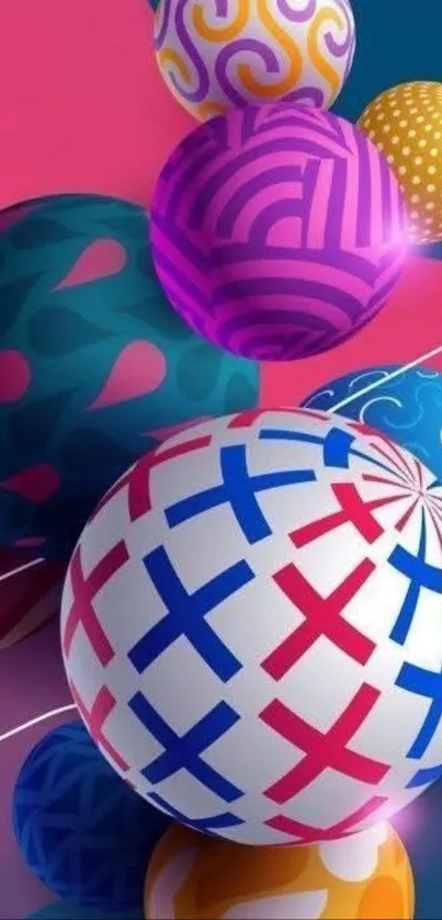 Colorful geometric balls on a pink background.