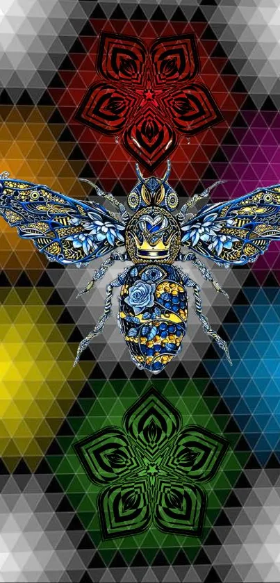 Intricate geometric bee on colorful hexagonal pattern background.