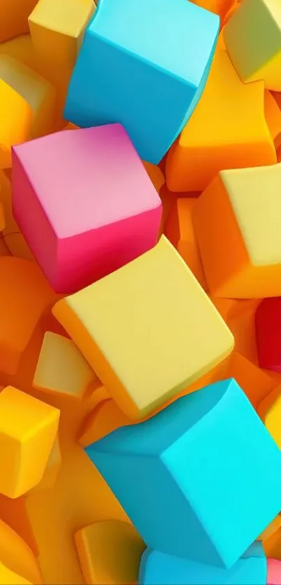 Colorful geometric blocks wallpaper with yellow, blue, and pink cubes.