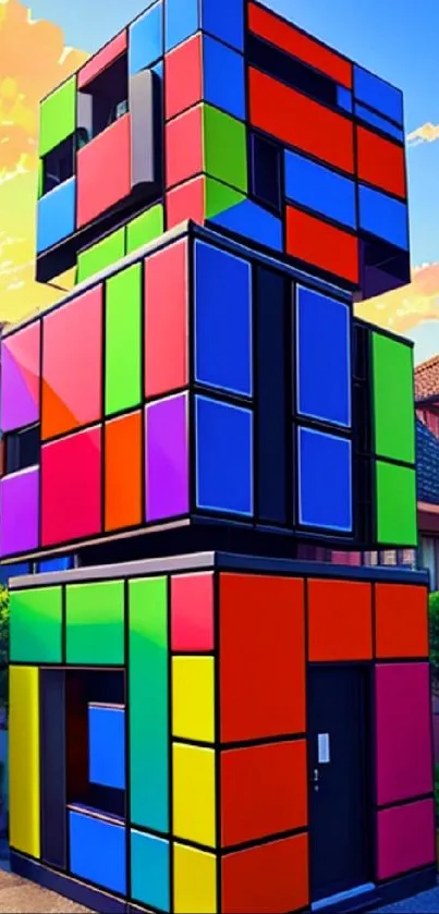 Vibrant geometric building with colorful blocks against a sunny sky.