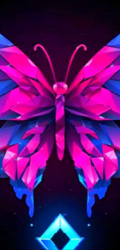 Colorful geometric butterfly wallpaper with pink and blue tones.