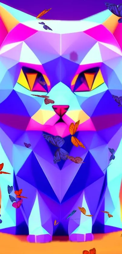 Vibrant geometric cat with neon colors and butterflies on a mobile wallpaper.