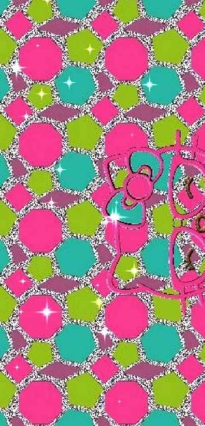 Vibrant geometric wallpaper with cat design in pink, green, and cyan.