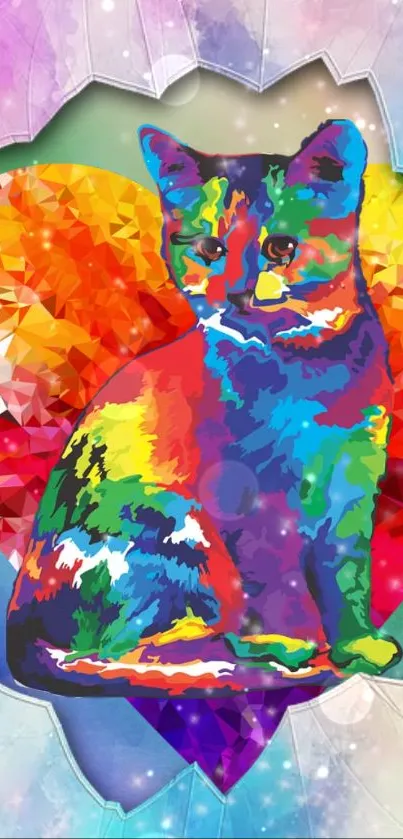 Colorful geometric cat with heart pattern wallpaper.